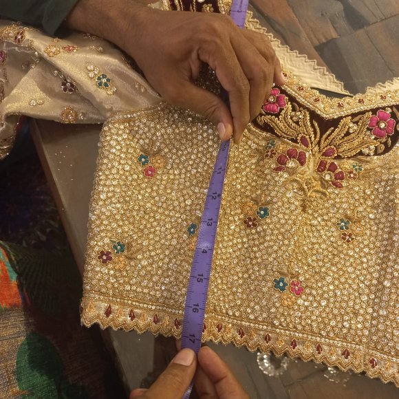 Tena Durrani Cream and Gold Sequin Wedding Dress with Bishop Sleeves - Picture 9 of 15